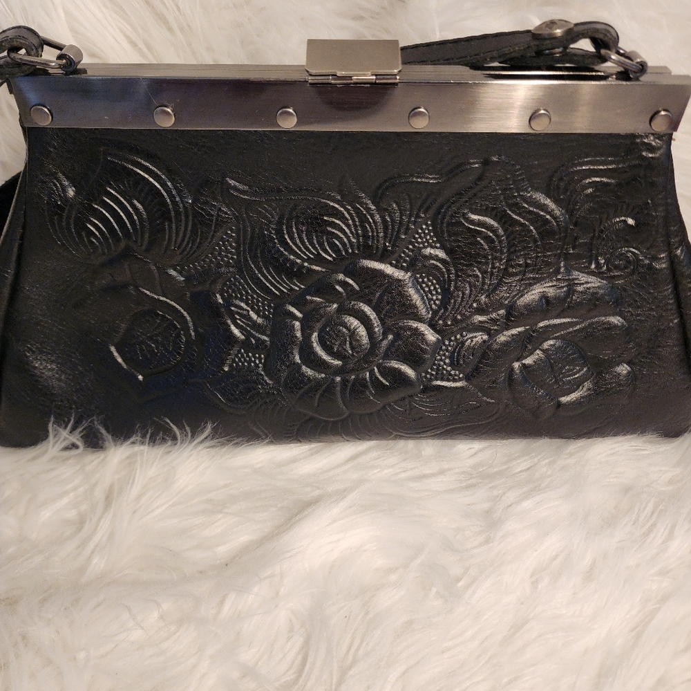 Patricia Nash Ferrara Black Tooled Leather Satchel